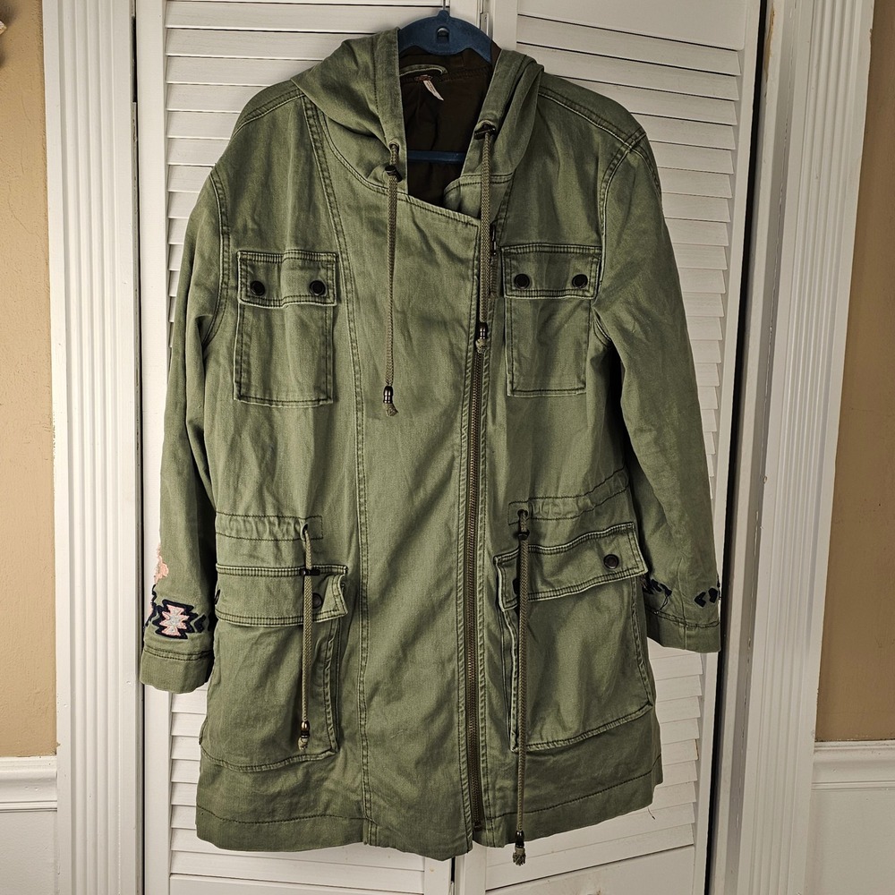 Free People Womens Army Green Embroidered Twill‎ Parka Small